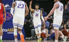 Boise State Broncos guard Marcus Shaver Jr pointing up
