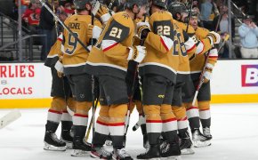 Vegas Golden Knights celebrating win over Calgary Flames