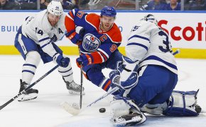 Toronto Maple Leafs goaltender Ilya Samsonov makes a save on Edmonton Oilers forward Connor McDavid