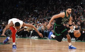 Celtics star Jayson Tatum drives to the basket