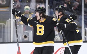 Boston Bruins left wing Tyler Bertuzzi and center Trent Frederic celebrate a goal