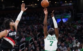 Boston Celtics guard Jaylen Brown rises up for a jumper.
