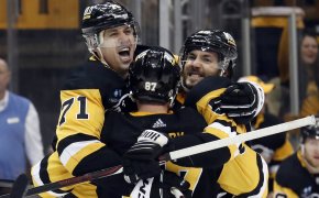 Pittsburgh Penguins Sidney Crosby, Evgeni Malkin and Kris Letang celebrate a game winning goal
