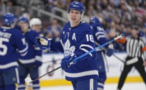 Toronto Maple Leafs forward Mitchell Marner reacts to penalty call