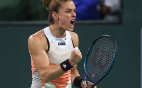 Maria Sakkari reacts to a tough point win