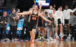 Princeton Tigers guard Blake Peters celebrates a basket