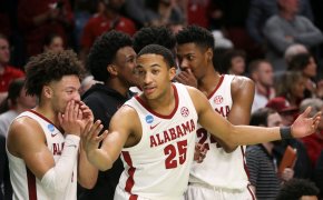 Alabama players celebrate their March Madness win over Maryland
