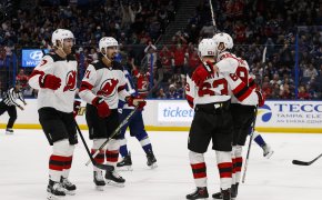 New Jersey Devils players celebrate a goal