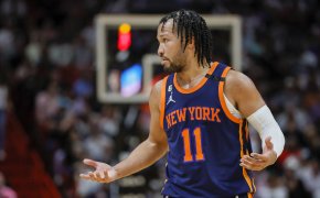 New York Knicks guard Jalen Brunson reacts to a call