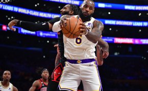 Los Angeles Lakers forward LeBron James grabs a rebound