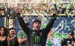 Tyler Reddick celebrates winning a NASCAR race