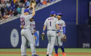 New York Mets first baseman Pete Alonso celebrates with third baseman Eduardo Escobar