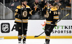 Boston Bruins right wing David Pastrnak celebrates goal with defenseman Charlie McAvoy