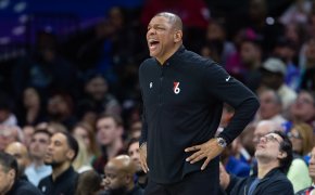 Philadelphia 76ers head coach Doc Rivers reacts during the fourth quarter against the Boston Celtics