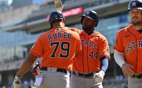 Houston Astros left fielder Yordan Alvarez celebrates a home run with first baseman Jose Abreu