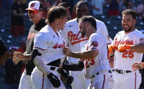 Baltimore Orioles players celebrating after hitting a game winning homerun.