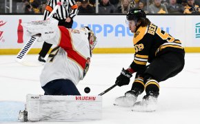 Florida Panthers goaltender Alex Lyon makes a save on a shot from Boston Bruins left wing Tyler Bertuzzi