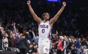 Tyrese Maxey celebrates vs Nets. NBA Player Props