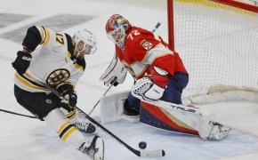 Boston Bruins left wing Nick Foligno scores against Florida Panthers goaltender Sergei Bobrovsky