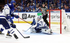 Toronto Maple Leafs goaltender Ilya Samsonov makes a save against Tampa Bay Lightning left wing Nicholas Paul