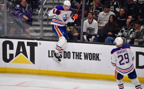 Edmonton Oilers left wing Zach Hyman celebrates his goal scored against the Los Angeles Kings
