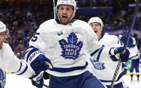 Toronto Maple Leafs center Alexander Kerfoot celebrates after he scored the games winning goal against the Tampa Bay Lightning