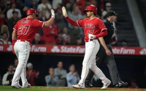 Los Angeles Angels center fielder Mike Trout high-fives designated hitter Shohei Ohtani
