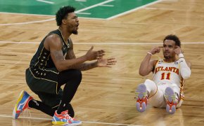 Boston Celtics Marcus Smart protesting foul call on Atlanta Hawks Trae Young