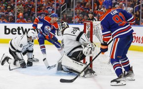 Edmonton Oilers Connor McDavid taking a shot against the Los Angeles Kings.