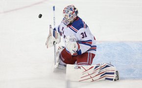 New York Rangers goaltender Igor Shesterkin makes a save against the New Jersey Devils in NHL Playoffs
