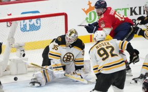 Florida Panthers left wing Matthew Tkachuk scores a goal past Boston Bruins goaltender Linus Ullmark