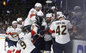 The Florida Panthers celebrate their overtime win