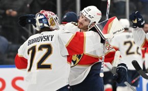 Florida Panthers goalie Sergei Bobrovsky and forward Matthew Tkachuk celebrate after a win over the Toronto Maple Leafs