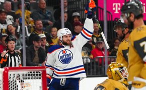 Edmonton Oilers center Leon Draisaitl celebrates after scoring a goal against the Vegas Golden Knights