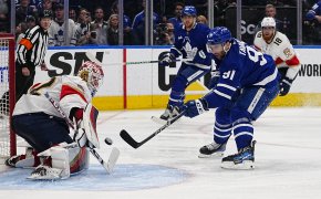 Florida Panthers goaltender Sergei Bobrovsky makes a save against Toronto Maple Leafs forward John Tavares
