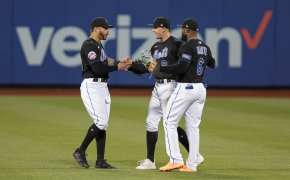 Rockies vs Mets. New York Mets designated hitter Tommy Pham (28) and center fielder Brandon Nimmo (9) and right fielder Starling Marte (6)