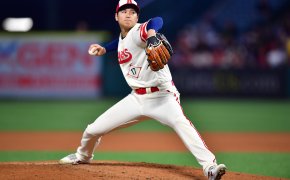 Los Angeles Angels starting pitcher Shohei Ohtani throwing