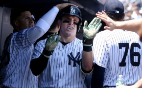 New York Yankees center fielder Harrison Bader celebrates in the dugout