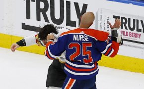 Edmonton Oilers defensemen Darnell Nurse and Vegas Golden Knights defensemen Nicolas Hague fight