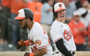 Baltimore Orioles right fielder Anthony Santander celebrates with catcher Adley Rutschman