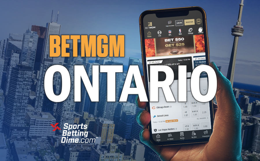 BetMGM Ontario Sportsbook hand holding mobile phone CN Tower 