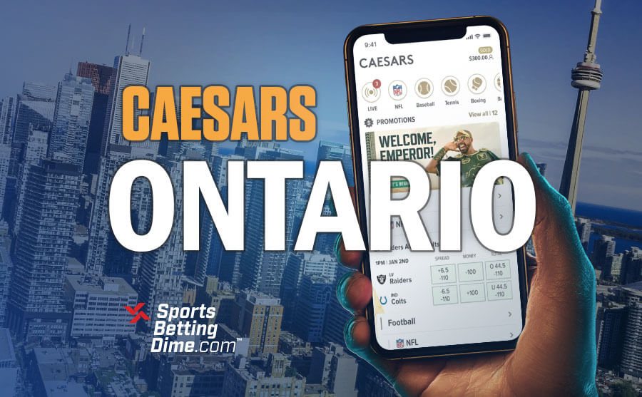 Caesars Sportsbook Ontario promo code hand holding mobile phone CN Tower