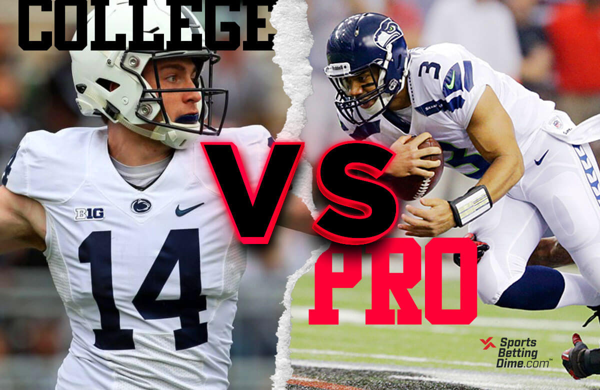 Two quarterbacks with text overlay "College vs. Pro"