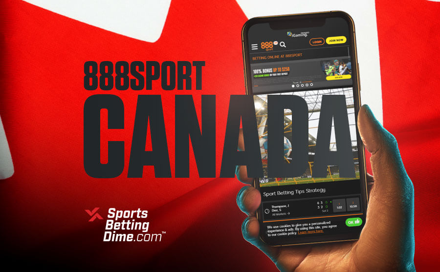 888sport Canada flag hand holding mobile phone app