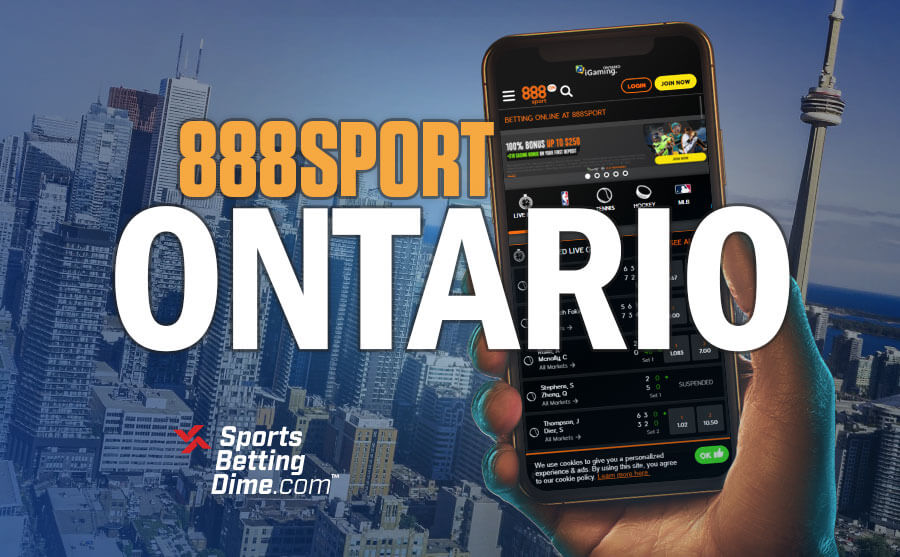 888sport Ontario hand holding mobile phone app CN Tower