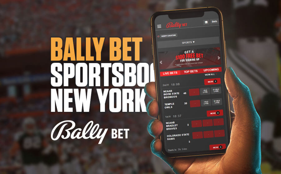 Bally Bet New York logo hand holding phone app open