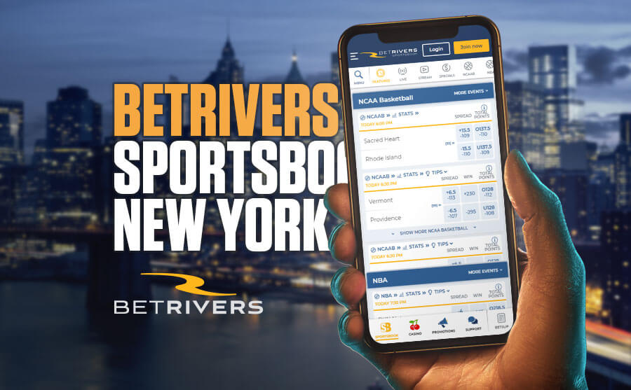 BetRivers New York hand holding phone with mobile sportsbook app