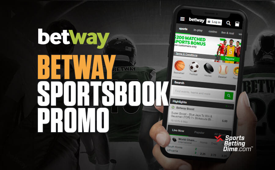Betway sportsbook promos hand holding mobile phone with app