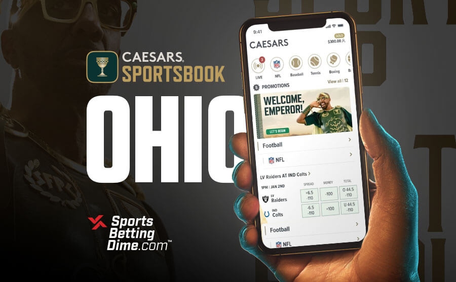 Caesars Sportsbook Ohio promos hand holding mobile phone