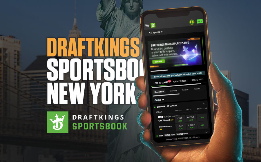 DraftKings Sportsbook New York Statue of Liberty hand holding phone 